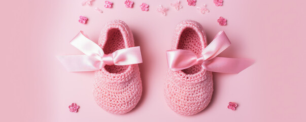 zapatillas de ganchillo y lazos rosas sobre fondo rosa decorado con confeti