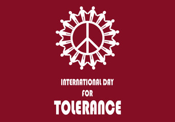 Día internacional de la tolerancia. Personas en círculo sobre el símbolo de la paz en blanco sobre fondo rojo. Personas unidas para la paz