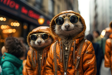 A group of meerkats wearing sunglasses and clothing - obrazy, fototapety, plakaty