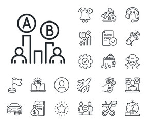 Ui test chart sign. Salaryman, gender equality and alert bell outline icons. Ab testing line icon. Ab testing line sign. Spy or profile placeholder icon. Online support, strike. Vector