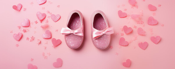 zapatos bailarinas con brillantina y lazos rosas sobre fondo rosa decorado con corazones
