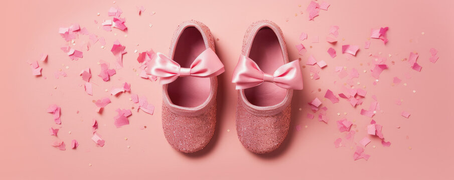 zapatillas con brillantina y lazos rosas sobre fondo rosa con confeti