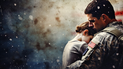 Veteran day, american soldier, dad and child, usa flag in background - obrazy, fototapety, plakaty