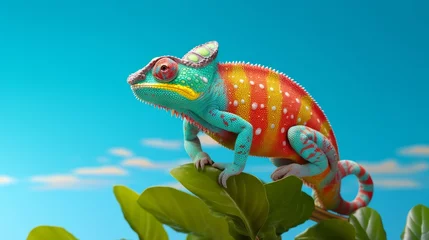 Gordijnen A chameleon with rainbow-colored skin perched on a lime © Leah