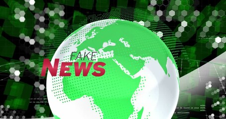 Animation of fake news text over globe and data processing - Powered by Adobe