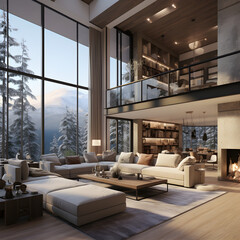 Elegant Winter Retreat, Modern Double Height Living Room in Neutral Tones