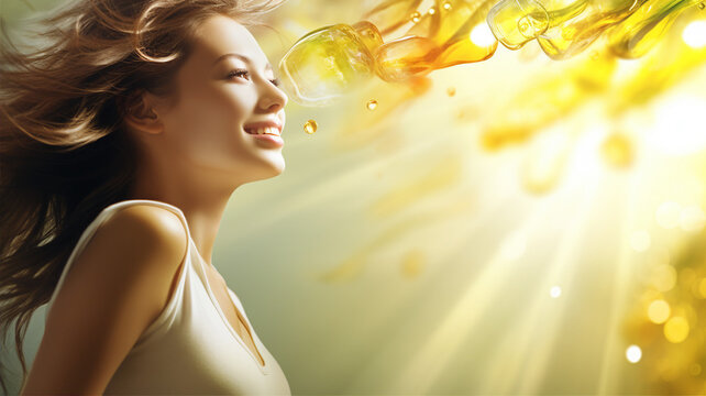 Happy healthy woman, Vitamin, oil drops, omega3 and healthcare concept