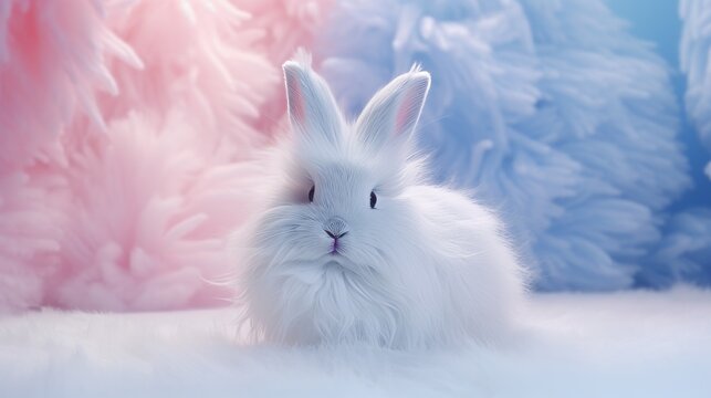 A Fluffy Angora Rabbit in a Pastel Blue Room