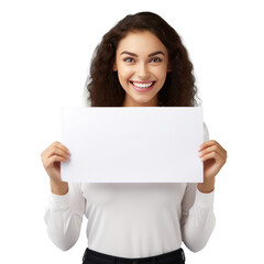Naklejka premium Business woman holds blank paper sheet banner. Copy free space