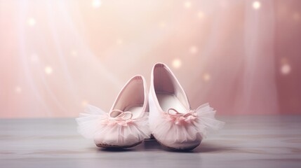 A pastel pink background with a pair of ballet slippers - obrazy, fototapety, plakaty
