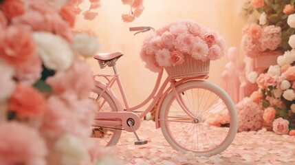 A pastel coral background with a retro-style bicycle.