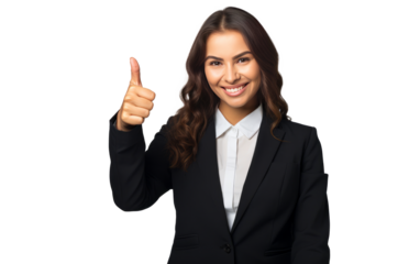 Businesswoman cheers and shows thumb up isolated on transparent background