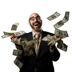 Happy businessman enjoy the money rain - obrazy, fototapety, plakaty