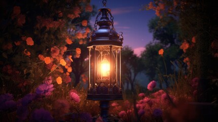 An Isolated Illuminated Lantern in an Enchanted Garden