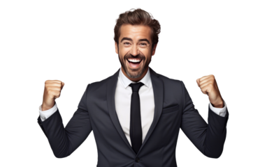 Self confident and happy business man cheers and celebrate success isolated on transparent background