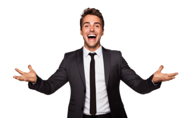 Self confident and happy business man cheers and celebrate success isolated on transparent background