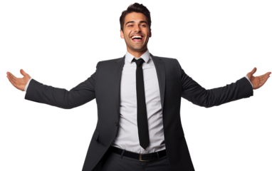 Self confident and happy business man cheers and celebrate success isolated on transparent background