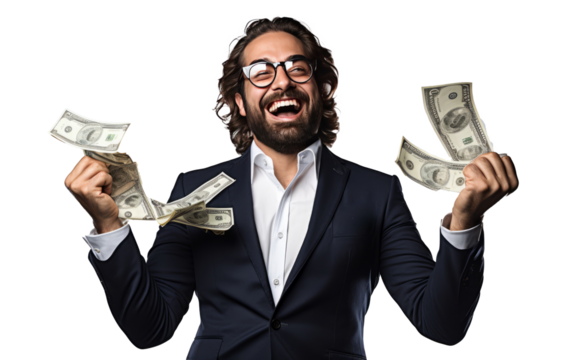 Happy businessman enjoy the money rain