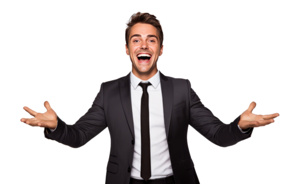Self confident and happy business man cheers and celebrate success isolated on transparent background
