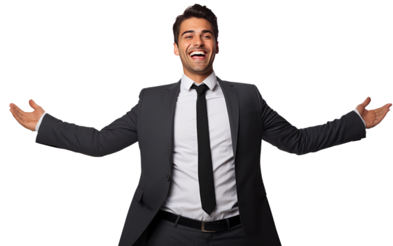 Self confident and happy business man cheers and celebrate success isolated on transparent background
