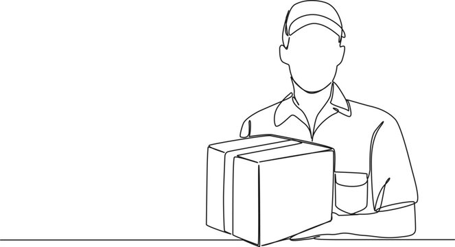 recommend clip art: continuous single line drawing of package delivery person holding parcel, line art vector illustration