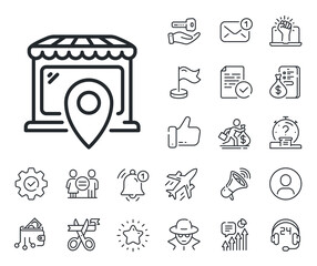 Wholesale store sign. Salaryman, gender equality and alert bell outline icons. Market location line icon. Retail marketplace symbol. Market location line sign. Spy or profile placeholder icon. Vector