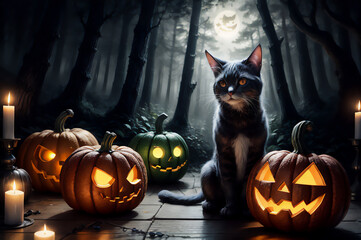 cat, pumpkins and candles