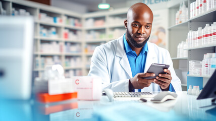 African American pharmacist selling medications in the pharmacy store.