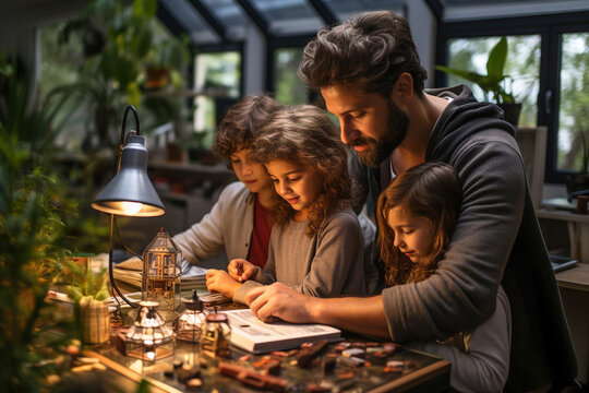 A man and kids playing a board game.