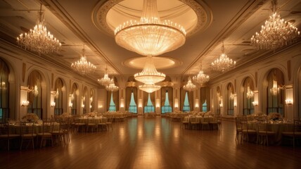 Obraz premium Elegant and ornate chandeliers suspended from ceilings, casting a warm and inviting glow in grand ballrooms and luxurious settings