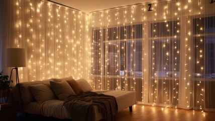 Indoor string lights adorning living spaces and bedrooms, adding a cozy and whimsical touch to the decor