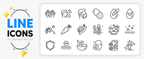 Mountain bike, Fair trade and Cough line icons set for app include Medical mask, Capsule pill, Thermometer outline thin icon. Cook, Dermatologically tested, Carrot pictogram icon. Vector