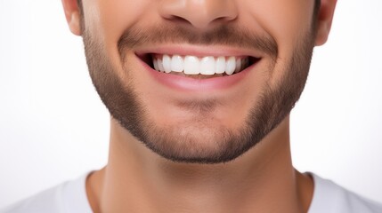 Young man with beautiful smile on white background. Teeth whitening - obrazy, fototapety, plakaty