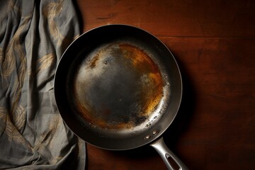 Flat lay of old vintage black cast-iron frying pan isolated on retro wooden background, with copy space. - obrazy, fototapety, plakaty