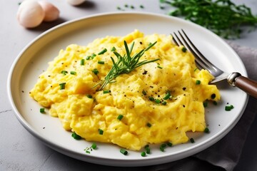 Scrambled eggs on white plate on wooden table on blurred kitchen background with copy space.