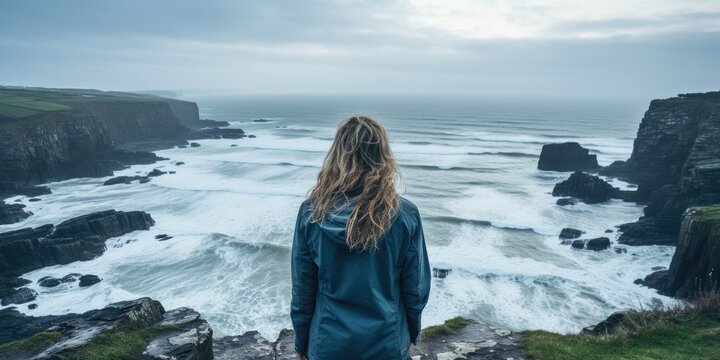 Woman standing in front of the ocean and looking at the stormy sea - Generative AI