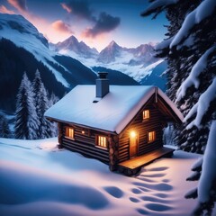 Snowy mountain backdrop frames a charming winter cabin, creating an ideal image for winter vacation promotions and holiday-themed content..