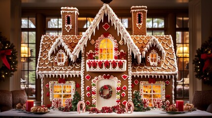 Gingerbread house on the christmas table with copy space, Large tiered Christmas cake decorated with gingerbread cookies and a house on top. Tree and garlands in the background. - obrazy, fototapety, plakaty