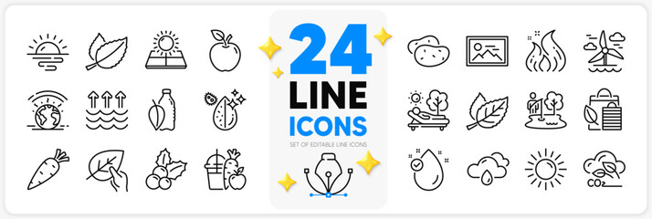 Icons set of Sunrise, Mint leaves and Apple line icons pack for app with Sun, Vitamin e, Sun energy thin outline icon. Lounger, Water bottle, Christmas holly pictogram. Evaporation. Vector