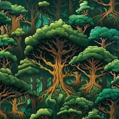 Obraz premium pattern background of a green tree forest , cartoon forest pattern tile 