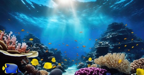 Fototapeta na wymiar Underwater Paradise: Tropical Fish and Coral in Crystal Clear Waters. Ideal for educational materials, exploring marine ecosystems and biodiversity..