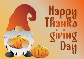 Gnome and pumpkin - happy thanksgiving - great for website, email, greeting card, presentation, postcard, book, t-shirt, sweatshirt, sticker, book, gift wrap, printables