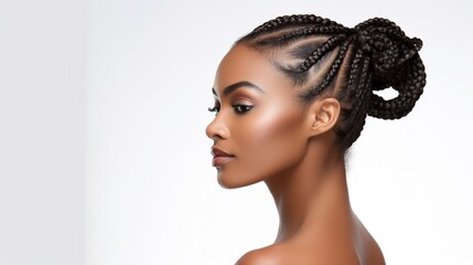 portrait of beautiful african american woman with curly long braids and bun, side portrait of attractive african woman with braids, isoalted on white background. - obrazy, fototapety, plakaty