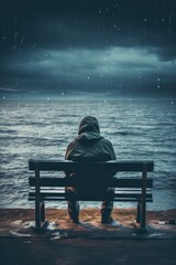 Fototapeta premium Man sitting on bench overlooking sea - AI Generated