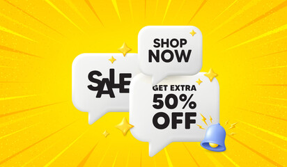 Get Extra 50 percent off Sale. 3d offer chat speech bubbles. Discount offer price sign. Special offer symbol. Save 50 percentages. Extra discount speech bubble 3d message. Vector