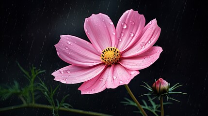  a pink flower with a yellow center and water droplets on it.  generative ai