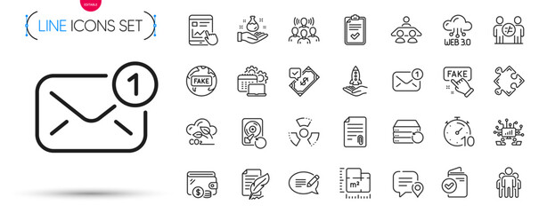 Pack of Strategy, New message and Fake news line icons. Include Message, Chat bubble, Attachment pictogram icons. Recovery hdd, Checklist, Floor plan signs. Chemical hazard. Vector