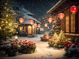 Fototapeta na wymiar Merry christmas and happy new year concept. Exterior of a suburban house decorated with garland for holidays