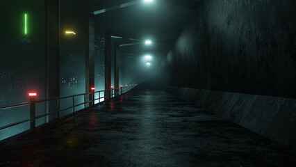 Art Cyberpunk City Landscape With Mysterious Atmosphere, Old Wet Asphalt And Skyscrapers. Sci-Fi City Without People. Retro Style. Tomorrow Aesthetic For Banners, Posters, Templates. Fashion Render De