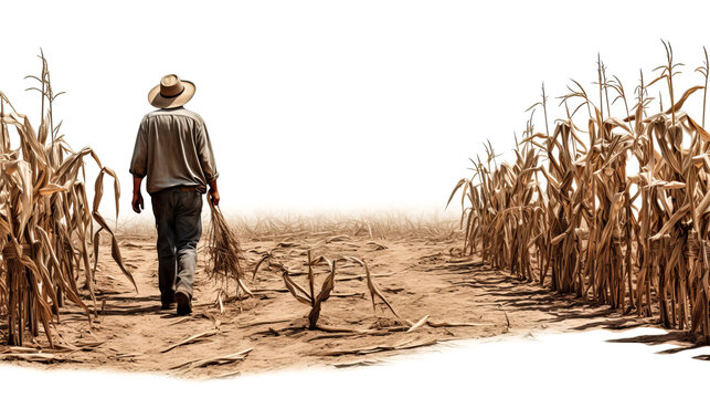 A farmer walks through a failed corn crop, the stalks withered and barren. The sun beats down on the desolate field, a reminder of lost hope.